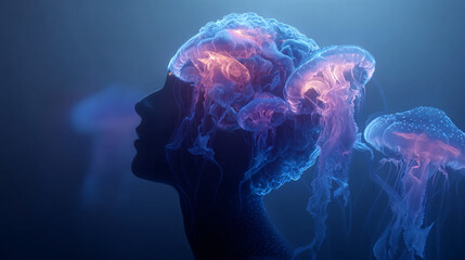 A surreal double exposure photograph blending a calm human profile in meditation with deep ocean bioluminescent jellyfish pulsing with gentle blue and purple light waves.
