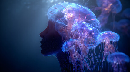 A surreal double exposure photograph blending a calm human profile in meditation with deep ocean bioluminescent jellyfish pulsing with gentle blue and purple light waves.
