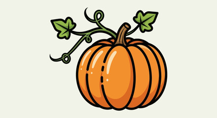 Simple cartoon illustration of a pumpkin with vine, perfect for autumn holidays.