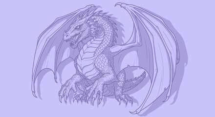 Fantasy dragon illustration with wings spread on a lavender background.