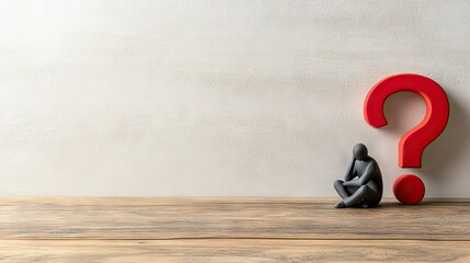 A person contemplating a red question mark with thought bubbles on a clean, white background ideal for creative projects