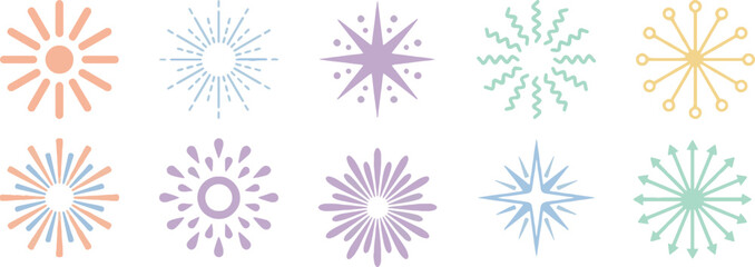 Sunburst icons design showing ten minimalist sunbursts including peach rectangular rays, blue circular tip rays, lavender starburst with circles, teal zigzag rays, yellow circular rays, 