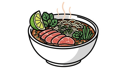 Delicious Noodle Soup Bowl with Beef and Lime Illustration