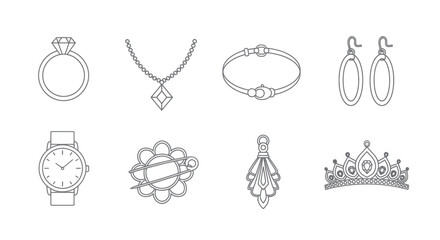 Elegant outline vector icons of luxury fashion jewelry accessories.