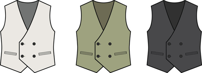 Double-breasted men's vests, white, olive, gray, fashion design, classic style, vector illustration, formal wear, clothing, outfit, apparel