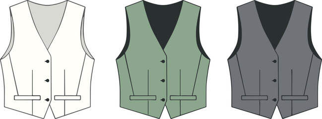 Formal men's vests, white, green, gray, front buttons, fashion design, classic style, isolated, vector illustration, apparel, clothing, outfit