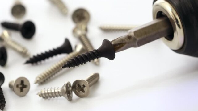 Close-up of a screwdriver with a black screw head, rotating at low speed, surrounded by various screws on a white surface.