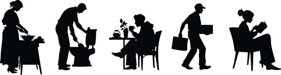 Daily routine, silhouette people, home chores, cleaning tasks, reading time, eating moment, lifestyle activity, housework, casual living, everyday interaction