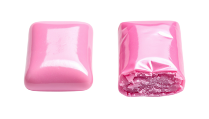 Pink chewing gum stick with foil wrapper bundle isolated on transparent background
