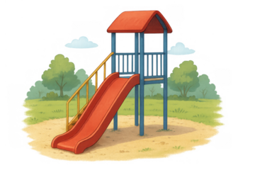 Playground slide drawing with red roof and blue structure in a park setting, symbolizing childhood fun and outdoor play