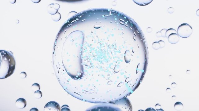 Transparent cosmetic gel fluid, serum with 3D molecules, bubbles cream, gel, moisturizer, cosmetic, liquid gel drops, hyaluronic , Close-up liquid oil, Natural Organic Cosmetics, skin care, beauty ani