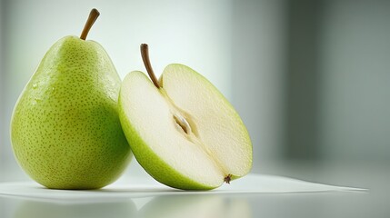 A beautifully cut pear reveals its juicy interior against a clean, minimalist backdrop, celebrating the simplicity of fresh produce