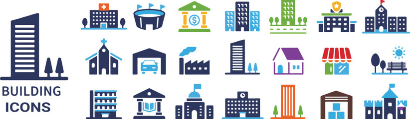 Building icon set.Building simple minimal thin line icons. Building web icons in line style.Containing house, office, bank, school, hotel, shop, university and hospital icons.
