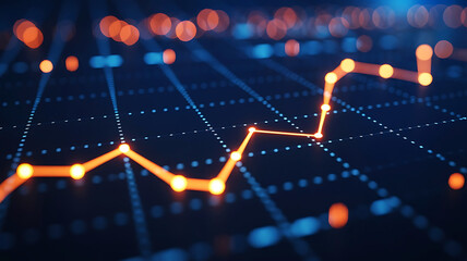 Glowing stock market chart displaying a rising trend with a network of interconnected dots and blurred background