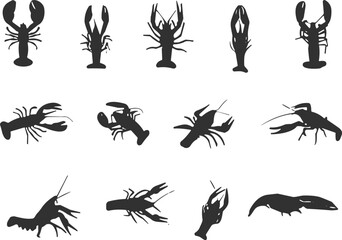 Lobster and crayfish silhouettes, aquatic seafood icons, marine crustacean illustration set, fishing industry elements, ocean animal vector collection, culinary seafood symbols