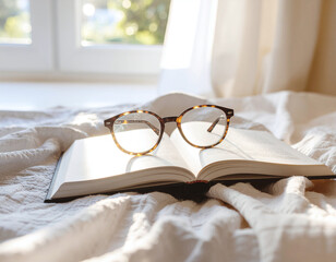 Tortoiseshell eyeglasses resting atop an open book on soft bedding near a sunlit window, conveying quiet reading moments, intellect and cozy relaxation with natural light and delicate textures.