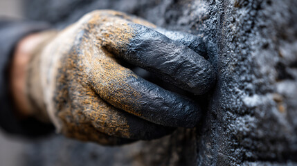 Obraz premium Heavy-duty work glove soiled with thick, oily residue while gripping a rough surface