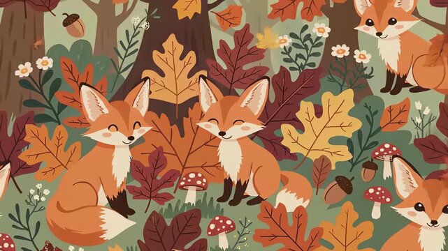 Foxes inhabit whimsical woods, surrounded by lush leaves and vibrant mushrooms, creating an enchanting seamless pattern making scene that embodies unity and visual harmony.