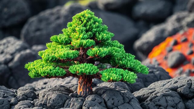Video A small pine tree sits atop a pile of rocks, surrounded by natural beauty