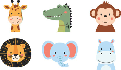Adorable Safari and Jungle Animal Face Vector Set: Cute Cartoon Heads of a Giraffe, Lion, Elephant, Crocodile, Monkey, and Hippo Perfect for Baby and Nursery Prints