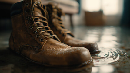 Water-splashed brown leather boots standing in an indoor puddle.