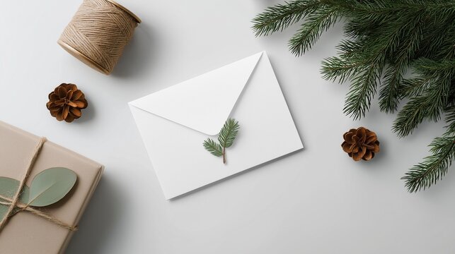 An envelope with white paper and pine leaves surrounded by Christmas decorations on light gray background for joyful message writing. - Powered by Adobe
