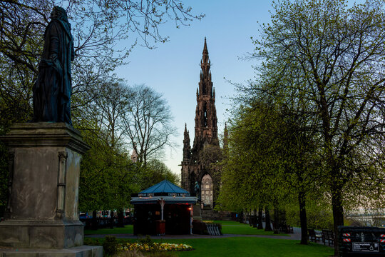Scott Monument in Edinburgh viewed from Princes Street Gardens at sunrise