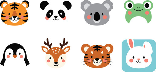 Adorable Safari and Zoo Animal Face Vector Set: Cute Cartoon Heads of a Tiger, Panda, Koala, Frog, Penguin, Deer, and Bunny Perfect for Kids' Stickers and Prints