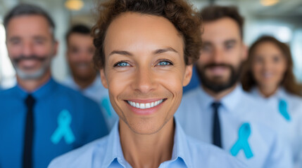 Smiling Businesswoman with Team Members Displaying Blue Awareness Ribbons for Support and Corporate Social Responsibility