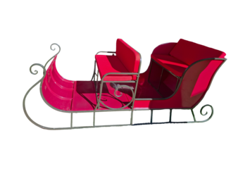 A vibrant red Santa Claus sleigh stands alone against a plain backdrop, ready for holiday celebrations. This cheerful sleigh features two seats, inviting imagination and joy into the festive season.
