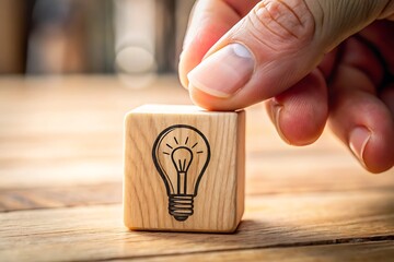 Creative Concept Idea Lightbulb on Wooden Block Held by Hand Suggesting Innovation and Inspiration