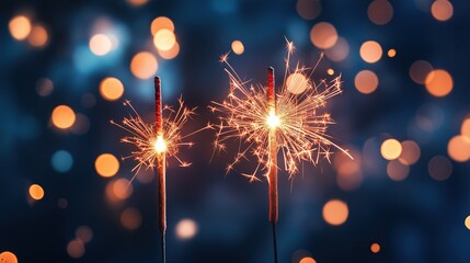 Two sparkling sparklers burning on a dark blue background with bokeh lights, a festive New Year celebration concept for holidays.