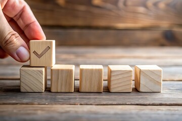 Building Success A Step by Step Process with Wooden Blocks and a Checkmark Symbol Featuring Accomplishment and Wood Grain Texture