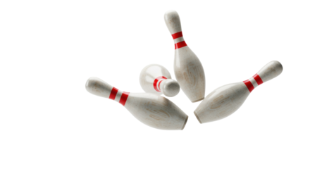 Three aged wooden bowling pins with classic red stripes frozen tumbling mid-air in a chaotic arrangement against a bright white studio background with copy space, concept of explosive sporting impact