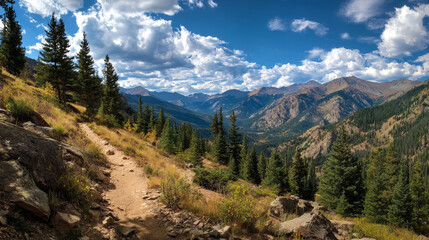 Obraz premium “A scenic hiking trail winds through the Colorado Rocky Mountains, surrounded by towering peaks, pine forests, and endless blue sky.”