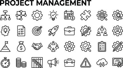 Comprehensive project management icon set featuring workflow symbols, planning tools, teamwork graphics, productivity elements, task organization visuals, and strategic management illustrations