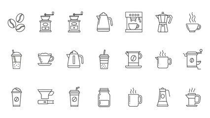 Minimal Coffee Icon Set &ndash; Line Art Coffee Tools, Cups, Beans, Barista Equipment Vector Collection