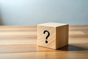 Wooden Block Displaying a Question Mark Symbolizing Uncertainty and Inquiry Standing on a Wood Table