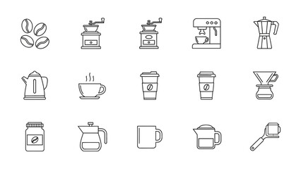 Minimal Coffee Icon Set – Line Art Coffee Tools, Cups, Beans, Barista Equipment Vector Collection