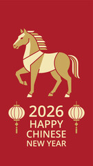 Illustration of a geometric golden horse and lanterns for the 2026 Chinese New Year, Concept of zodiac, horoscope, and social media background