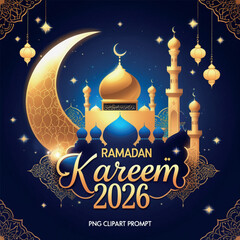 Ramadan Kareem 2026 Golden Crescent & Mosque Illustration