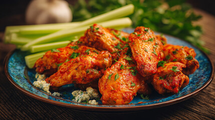 Fototapeta premium “Hot and spicy buffalo chicken wings are served with crisp celery sticks, creating a bold, mouthwatering and classic appetizer presentation.”