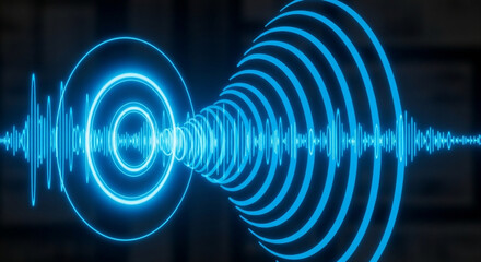 Dynamic glowing blue audio waveform pulses across dark digital space visualizing sound transmission and frequency analysis