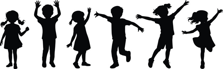 Silhouette children jumping and dancing together, playful happy kids celebrating outdoors, energetic youth movement illustration, joyful childhood activity scene