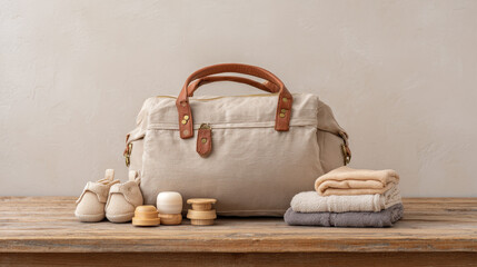 “A maternity bag filled with essential baby accessories rests on an indoor table, leaving clean space for text in a warm and cozy setting.”