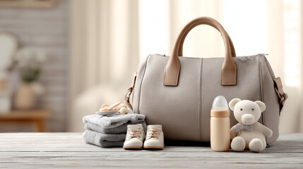 “A maternity bag filled with essential baby accessories rests on an indoor table, leaving clean space for text in a warm and cozy setting.”