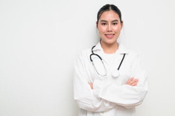 Fototapeta premium Happy Woman Doctor with Stethoscope in White Uniform on Plain Background Smiling