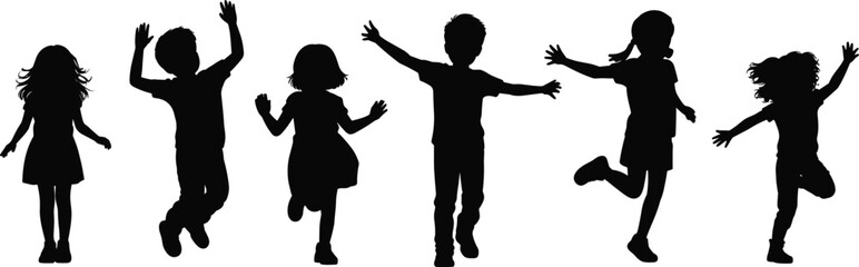 Silhouette children jumping and playing together, happy kids dancing outdoors, childhood joy activity illustration, energetic movement poses, playful youth scene