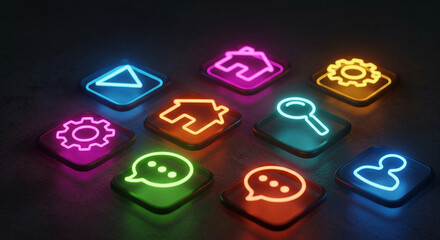 Stunning collection of vibrant neon glowing application interface icons floating above a dark textured surface
