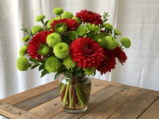 Red and green flowers in a glass vase on wooden table.